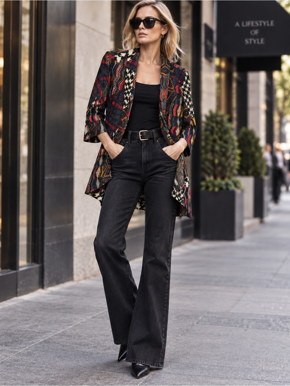 Alberto Makali Open Front Cardigan Jacket Multi Abstract Knit Longline LARGE